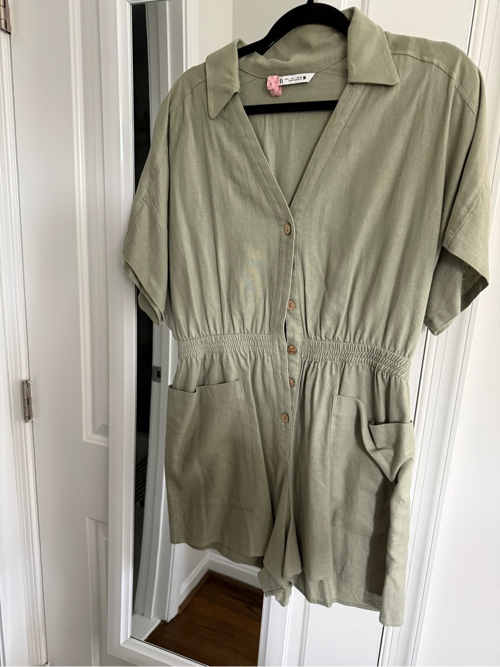Zara Light Olive Short Sleeve Button Romper